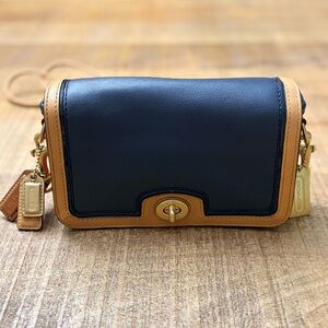 Coach Color Block Leather Turnlock Crossbody - Blue/Tan/Red-Orange